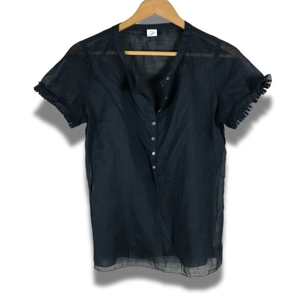 J.CREW Black Ruffled Semi-Sheer Partial Button Top Size 4 - Picture 1 of 7